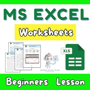 Puede incluir: Imagen con el texto "MS EXCEL Worksheets Beginners Lesson" en verde y blanco. Se muestran varias hojas de cálculo, junto con un icono de archivo de Excel y un personaje de dibujos animados que sostiene un modelo molecular. La imagen es para fines educativos.