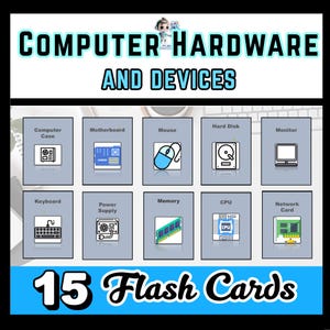 May include: A set of 15 flash cards featuring computer hardware and devices. Each card displays a labeled illustration of components like a computer case, motherboard, mouse, hard disk, monitor, keyboard, power supply, memory, CPU, and network card.