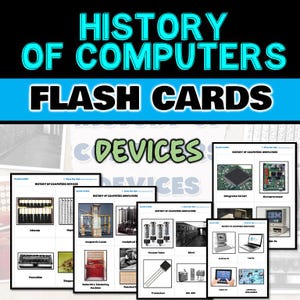 May include: A set of colorful flash cards with images of different computer devices throughout history. The cards are labeled with the names of the devices, such as "Abacus", "Jacquard's Loom", "Transistors", and "Tablet PC".