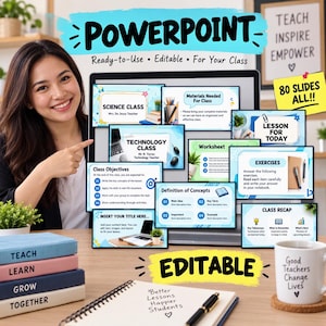Op de afbeelding: Een digitale PowerPoint-presentatiesjabloon voor docenten met 80 bewerkbare dia's met diverse klassikale thema's zoals Science Class, Technology Class, Class Objectives en Exercises, weergegeven op een computermonitor.
