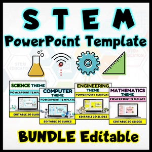 Könnte beinhalten: Ein farbenfrohes Grafikdesign für STEM PowerPoint-Vorlagen. Das Bild zeigt die Worte "STEM PowerPoint Template" in großen, fetten Buchstaben. Darunter befinden sich Symbole und vier thematische Vorlagen: Wissenschaft, Computer, Ingenieurwesen und Mathematik, jeweils mit 20 bearbeitbaren Folien.