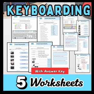 May include: Five "Keyboarding" worksheets with an answer key. The worksheets, printed on white paper with blue headers, feature keyboard diagrams and typing exercises. The title "Keyboarding" is in large, blue, bubble letters. Metric measurements are used.