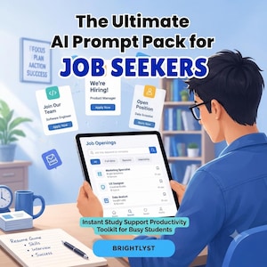 May include: A digital illustration featuring a person using a tablet to view job openings. Text reads: The Ultimate AI Prompt Pack for JOB SEEKERS, We're Hiring, Join Our Team, Open Position, and Instant Study Support Productivity Toolkit for Busy Students.