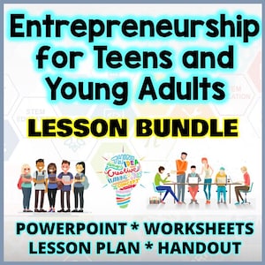Puede incluir: Gráfico que promociona un paquete de lecciones de emprendimiento para adolescentes y adultos jóvenes. La imagen presenta el texto "Entrepreneurship for Teens and Young Adults LESSON BUNDLE" e incluye ilustraciones de estudiantes y una bombilla creativa.