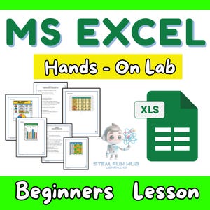 Puede incluir: Gráfico educativo con el texto "MS EXCEL Hands-On Lab Beginners Lesson". La imagen incluye un icono de archivo Excel verde, varias hojas de trabajo y un astronauta de dibujos animados sosteniendo un modelo atómico. El fondo es verde.