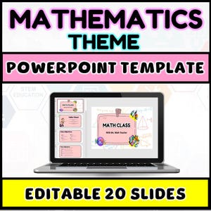 Può includere: Un laptop che mostra un "Modello PowerPoint a tema matematica". Lo schermo mostra una presentazione "Math Class" con diapositive rosa e bianche. Lo striscione in alto recita "MATHEMATICS THEME POWERPOINT TEMPLATE". Lo striscione in basso dice "EDITABLE 20 SLIDES."