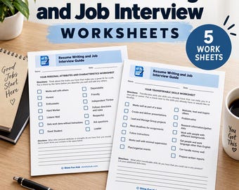 May include: Two printed worksheets titled Resume Writing and Job Interview Guide featuring checklists for personal attributes and transferable skills. The pages include lines for writing, checkboxes, and the Shine Fun Hub logo at the bottom.