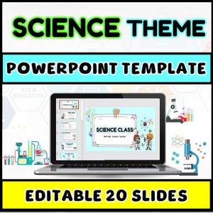 Könnte beinhalten: Ein Laptop, der eine PowerPoint-Vorlage zum Thema Wissenschaft anzeigt. Der Bildschirm zeigt eine Präsentation mit dem Titel "Science Class" mit Illustrationen von Wissenschaftlern. Der Text "SCIENCE THEME", "POWERPOINT TEMPLATE" und "EDITABLE 20 SLIDES" ist enthalten.