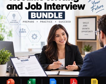 May include: A digital product bundle titled Resume Writing and Job Interview BUNDLE with the text Build Your Future. It includes icons for STEM education, skills, and growth, plus file format icons for PowerPoint, Excel, PDF, and documents.