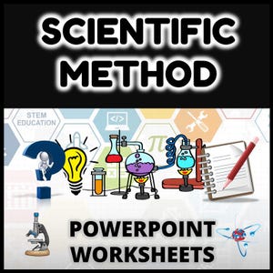 May include: A colourful illustration depicting the scientific method with a question mark, light bulb, beakers, a notebook, a pencil, a microscope, and an atom. The text "SCIENTIFIC METHOD" is at the top of the image. The text "POWERPOINT WORKSHEETS" is at the bottom of the image.