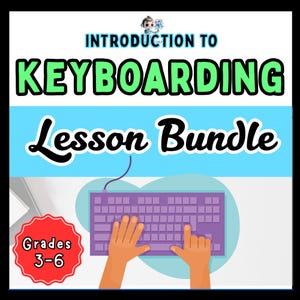 Puede incluir: Imagen que promociona un paquete de lecciones de mecanografía para los grados 3-6. El texto dice "Introduction to Keyboarding Lesson Bundle". Se muestra un teclado de dibujos animados con manos escribiendo en él. Un círculo rojo con el texto "Grades 3-6" está en la esquina inferior izquierda.