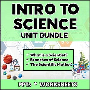 Puede incluir: Un gráfico verde y blanco con el texto "INTRO TO SCIENCE UNIT BUNDLE". La imagen incluye ilustraciones de planetas, equipos de laboratorio y un astronauta. El texto también incluye "PPTS * WORKSHEETS."