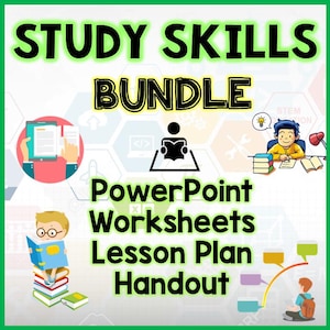 May include: A graphic promoting a "Study Skills Bundle" with the words "Study Skills Bundle" in large, bold, green and black letters. The image includes illustrations of students, books, and digital devices, with the text "PowerPoint Worksheets Lesson Plan Handout."
