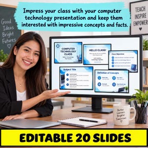 May include: A computer monitor displays a digital presentation template titled Computer Technology Class with 20 editable slides. The screen shows various layouts including class objectives and definitions of concepts in blue and white.
