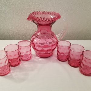 Vintage Fenton Cranberry Inverted Coin Dot Thumbprint Ruffled Pitcher and Matching Set of Six Tumbler Drinking Glasses