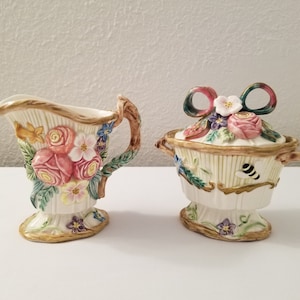 Vintage Fitz and Floyd Sri Lanka Woodland Spring Ribbons Flowers Butterflies Bees Sugar and Creamer Porcelain Set