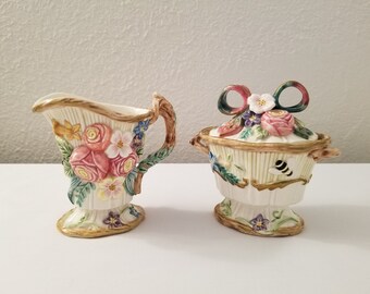 Vintage Fitz and Floyd Sri Lanka Woodland Spring Ribbons Flowers Butterflies Bees Sugar and Creamer Porcelain Set