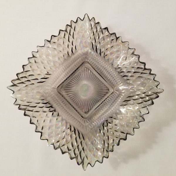 Vintage Iridescent Smoke Carnival Square Diamond Pattern Ruffled Sawtooth Edge Candy Bonbon Vide Poche Federal Glass Dish