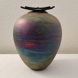 Vintage Extra Large Rainbow Multicolor Copper Matte Raku Pottery Dream Jar Urn with Turquoise Twig Lid by Renowned Artist Jeremy Diller