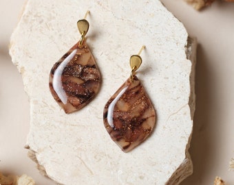 Brown drop earrings, marble polymer clay jewelry, handmade gift for her