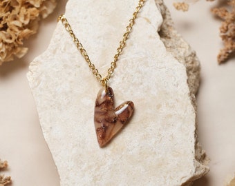 Brown heart necklace, marble polymer clay jewelry, elegant handmade gift for her