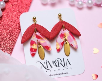 Valentine's earrings, romantic lightweight earrings, hand painted jewelry, red pink gold accesories, stainless steel earrings
