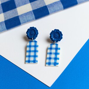 flower gingham earrings, klein blue accesories, gingham earrings, vichy blue jewelry, gingham pattern summer earrings image 1