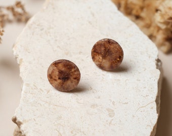 Everyday brown stud earrings, marble polymer clay minimalist jewelry, handmade gift for her