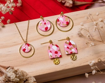 pink, red and gold polymer clay earrings and necklace, pastel pink jewelry set in stainless steel, lovecore valentines day jewelry