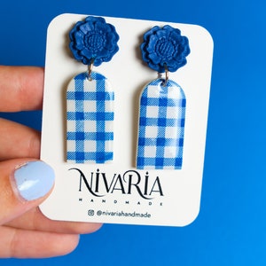 flower gingham earrings, klein blue accesories, gingham earrings, vichy blue jewelry, gingham pattern summer earrings image 2