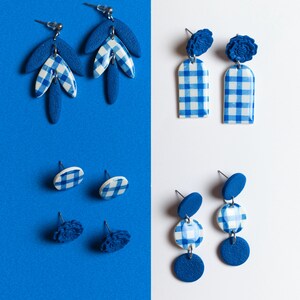 flower gingham earrings, klein blue accesories, gingham earrings, vichy blue jewelry, gingham pattern summer earrings image 4