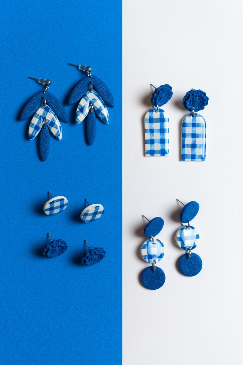 blue summer earrings, klein blue accesories, gingham earrings, vichy blue jewelry image 4