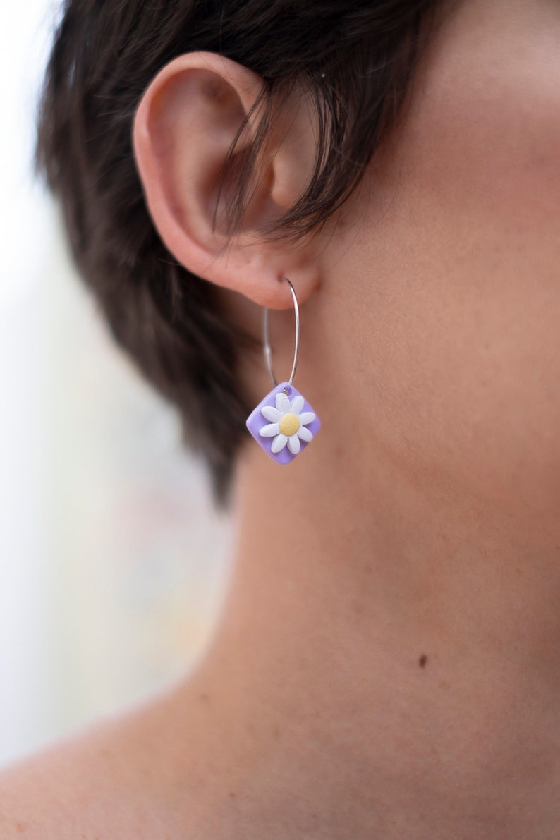 pastel pink daisy earrings lightweight hoop earrings image 1