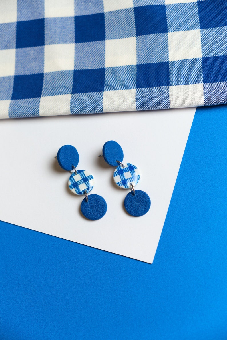 blue summer earrings, klein blue accesories, gingham earrings, vichy blue jewelry image 1