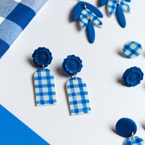 flower gingham earrings, klein blue accesories, gingham earrings, vichy blue jewelry, gingham pattern summer earrings image 7