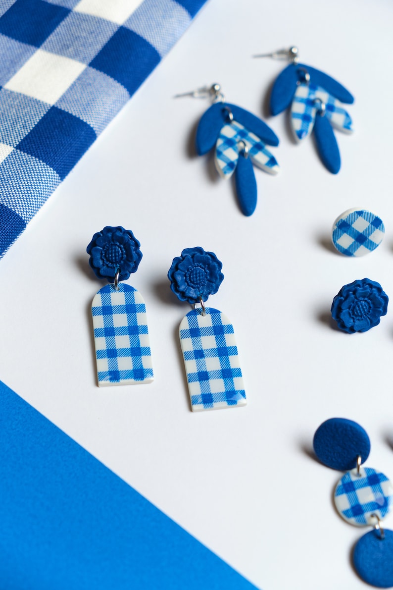 flower gingham earrings, klein blue accesories, gingham earrings, vichy blue jewelry, gingham pattern summer earrings image 7