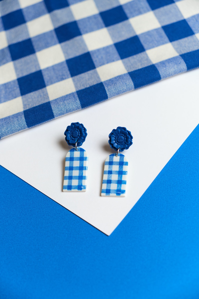 flower gingham earrings, klein blue accesories, gingham earrings, vichy blue jewelry, gingham pattern summer earrings image 1