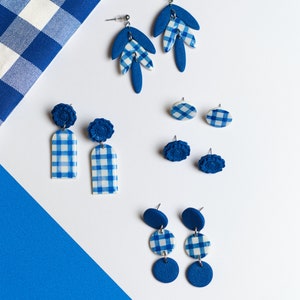 blue summer earrings, klein blue accesories, gingham earrings, vichy blue jewelry image 5