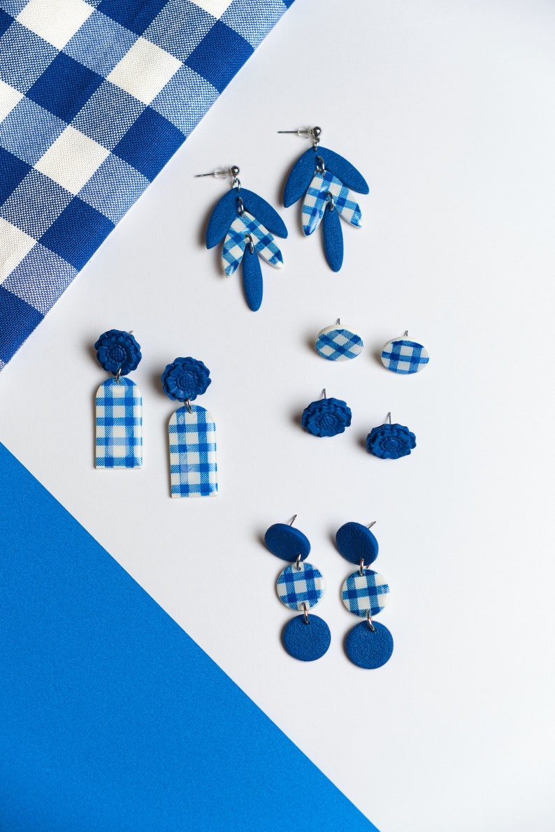 flower gingham earrings, klein blue accesories, gingham earrings, vichy blue jewelry, gingham pattern summer earrings image 5