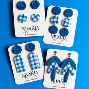 flower gingham earrings, klein blue accesories, gingham earrings, vichy blue jewelry, gingham pattern summer earrings image 6