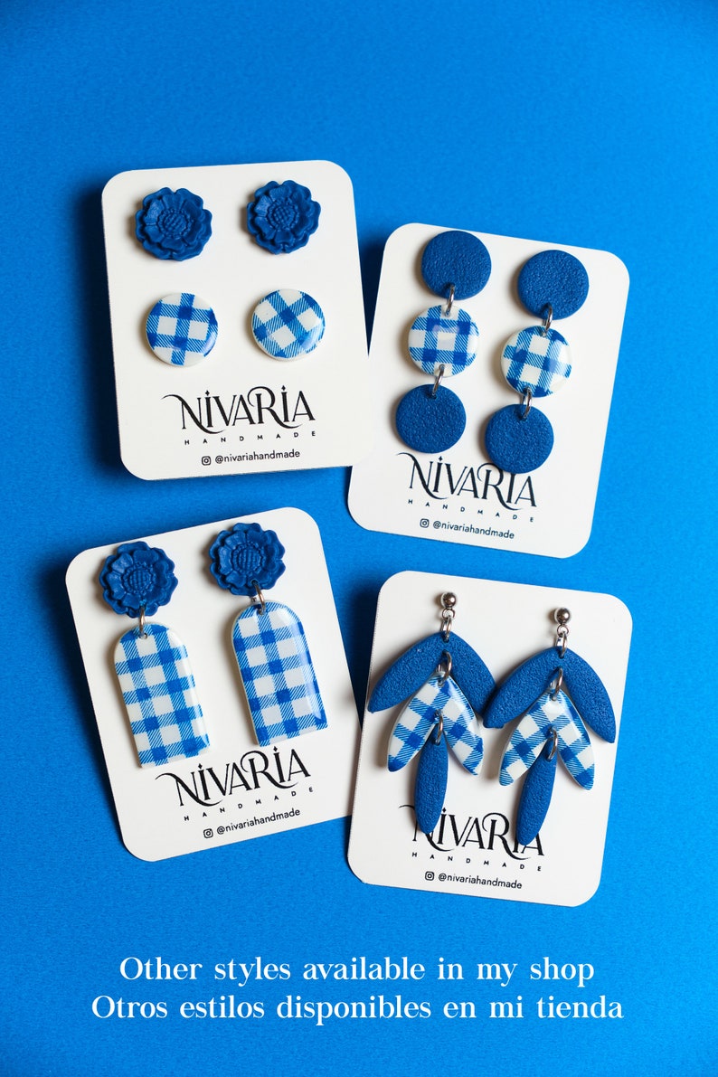 blue summer earrings, klein blue accesories, gingham earrings, vichy blue jewelry image 6