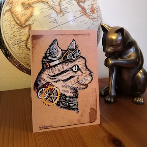 Carte postale chat steampunk