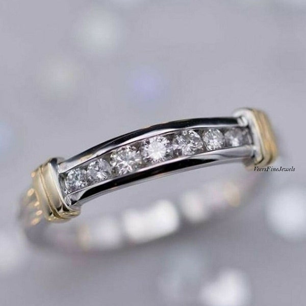 Sterling Silver Half Eternity Engagement Band/ 0.80CT Round Moissanite Wedding Band/ Unique White Gold Channel Set Band/ Stacking Band Ring
