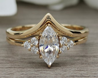 1 CT Marquise Cut Moissanite Diamond Wedding Ring Set/14K Yellow Gold Anniversary Ring Set/V Shape Ring Set/Unique Bridal Ring Set For Women