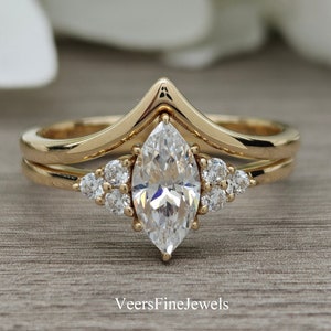 1 CT Marquise Cut Moissanite Diamond Wedding Ring Set/14K Yellow Gold Anniversary Ring Set/V Shape Ring Set/Unique Bridal Ring Set For Women