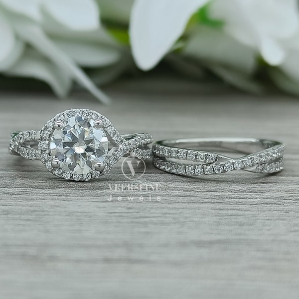 2.50 CT Forever  Moissanite Bridal Set/Round Twisted Engagement Ring Set/Lab-Diamond Ring Set/Solid 14k White Gold Ring Set/Wedding Ring Set