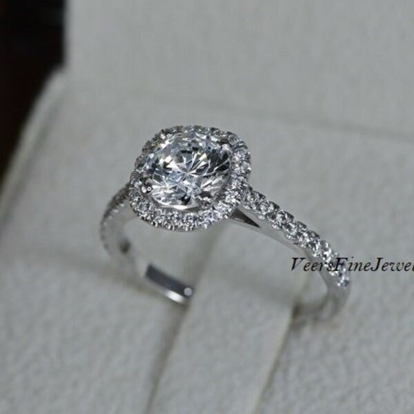 1CT Round Cut Moissanite Halo Engagement Ring / Round  Half Eternity Wedding Ring / 14K White Gold Halo Prong Set / Lab Diamond Promise Ring