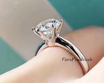 Bague moissanite en or blanc 14 carats/ bague moissanite ronde de excellente coupe 2,5 carats/ bague solitaire 6 griffes/ bague diamant classique/ bague cadeau pour elle