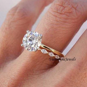 2 CT Round Cut Moissanite Solitaire Ring Set/ Marquise Cut Wedding Band/ Brilliant Cut Engagement Ring Set/ 14k Solid Yellow Gold Bridal Set