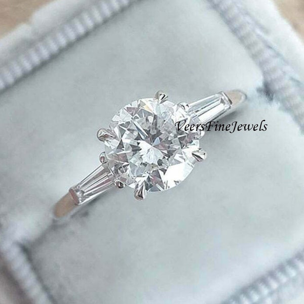 2.5 Ct Round Cut Forever Moissanite Solitaire Engagement Ring/ Side Baguette Accents Bridal Ring/ Solid 14k White Gold Anniversary Gift Ring